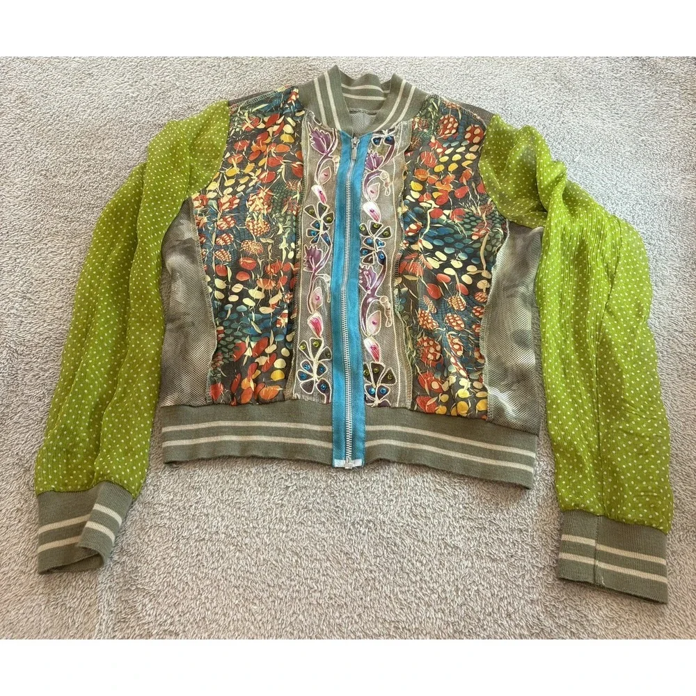 Wooxoom Paris Silk Patchwork Bomber Jacket Embroidered Mesh Green T3 Medium Rare